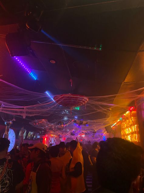 Bar on Halloween night people costumes aesthetic night drinks dancing clubbing club dance music dj alcohol Halloween Dance Aesthetic, Halloween Night Aesthetic, Halloween Club Party, Outdoors Aesthetic, Halloween Club, Night Club Aesthetic, Halloween Bar, Halloween Dance, Club Dance