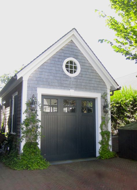 Darling garage- Edgartown MA Blue House Black Garage Door, Garage With Windows, Cottage Style Garage, Garage Colors, Gray Garage, Black Garage Door, Black Garage Doors, Detached Garage Designs, Black Garage