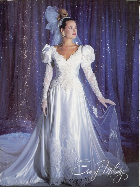 I love Eve of Milady gowns! Feb/Mar Brides 1986 What To Wear Under Wedding Dress, Winter Wedding Dress With Sleeves, Wedding Dress With Sleeves Vintage, Eve Of Milady Wedding Dresses, Retro Weddings, 1980s Wedding Dress, 90s Wedding Dress, 90s Wedding, Dramatic Wedding Dress