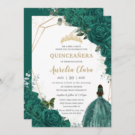 Quincea�ñera Green Roses Floral Gold Princess Crown Invitation Invitations Quinceanera, Quinceañera Invitation, Girl Green Dress, Green Princess, Green Roses, Gold Chic, Princess Invitations, Quinceanera Party, Save The Date Photos