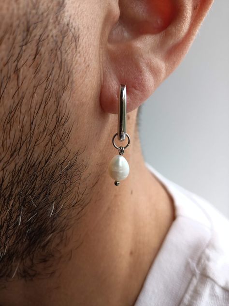 Men’s Pearl Earrings, Men Wearing Earrings, Dangle Earrings Men, Single Pearl Earrings, Earrings Mens, Mens Earrings, Square Hoop Earrings, Earring Small, Single Pearl