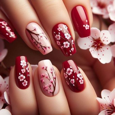 Cherry Blossom Nails Art, Fall Nail Art Ideas, Red Nail Art Designs, Cherry Blossom Nails, 3d Nail Art Designs, Spring Nail Trends, Fall Nail Art Designs, Coffin Shape Nails, Red Nail