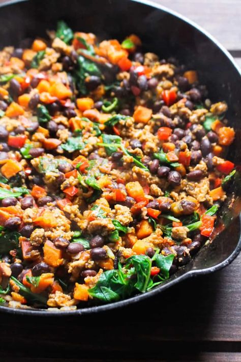 Vegetable Salsa, Ground Turkey Skillet, Turkey Skillet, Turkey Spices, Oven Roasted Sweet Potatoes, Healthy Ground Turkey, Sweet Potato Skillet, Brown Sugar Recipes, Black Bean Quinoa