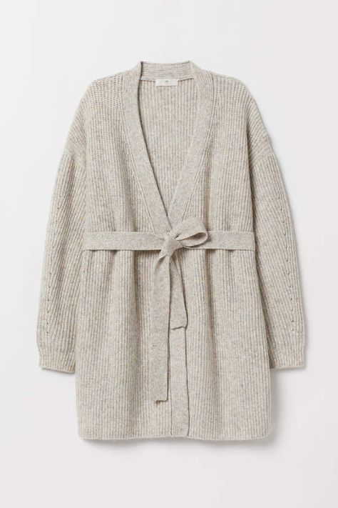 This is so cute! H&M - Cardigan with a tie belt - Beige Cardigan With Belt Outfit, Belted Cardigan Outfit, Cardigan With Belt, Cardigan With Tie, Fall Winter Fashion Trends, Plus Size Fall Outfit, Belted Sweater, Jada Pinkett Smith, Long Knit Cardigan