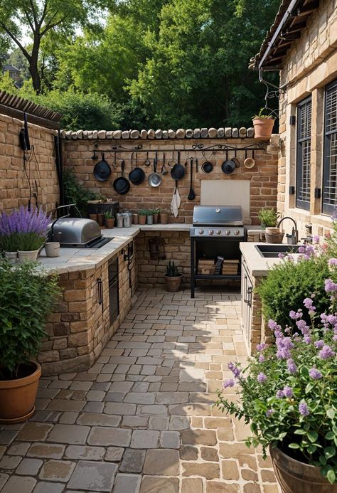 21 Stunning Outdoor Kitchen Patio Ideas (NEW) 42 Vintage Outdoor Kitchen, Garden Kitchen Ideas Outdoor, Outdoor Kitchen Connected To House, Summer Kitchen Ideas Outdoor, Backyard Patio Kitchen Ideas, Patios Aesthetic, Backyard House Ideas, Medditeranean Garden, Italian Outdoor Kitchen