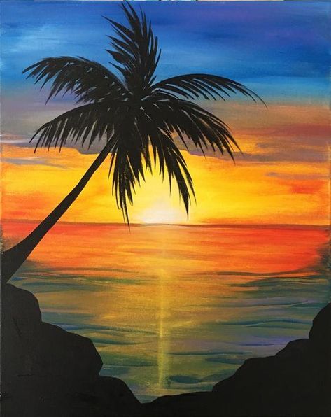 Easy Landscape Paintings, Abstract Wall Art Painting, Palm Trees Painting, Sunrise Painting, Paint Nite, Simple Canvas Paintings, Easy Canvas Painting, Landscape Art Painting, Fotografi Alam Semula Jadi