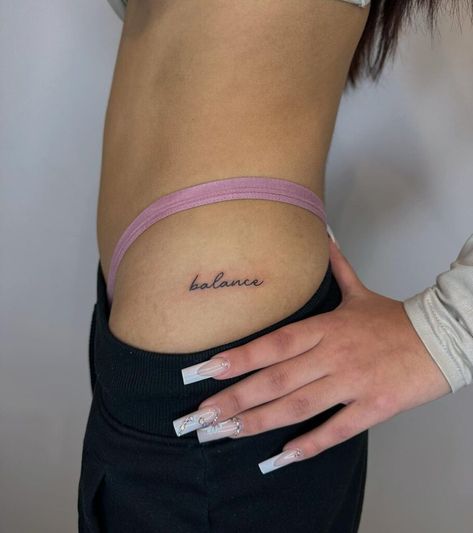 22 Stunning Hip Tattoo Designs You Really Wanna See Side Hip Word Tattoo, Hip Script Tattoo, Hip Tattoo Text, Hip Bone Tattoos, Front Hip Tattoo, Tattoo Placement Hip, Hips Tattoo, Hip Bone Tattoo, Tattoo On Hip Bone