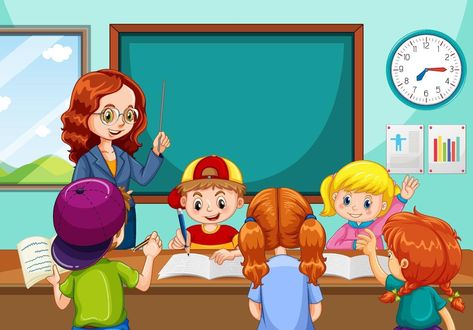 Teacher teaching students in the classroom scene Classroom Scene, Teacher Teaching Students, Classroom Background, Classroom Pictures, Teacher Cartoon, Student Cartoon, School Cartoon, Teacher Teaching, Teaching Students