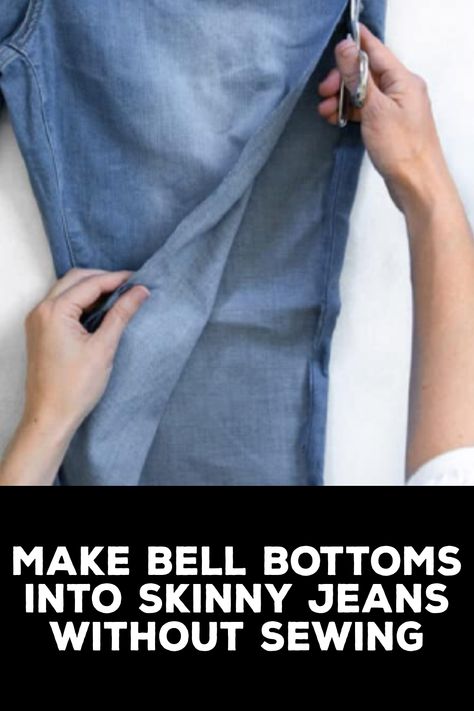 How to Make Bell Bottoms Into Skinny Jeans Without Sewing How To Make Bell Bottom Jeans, Altering Jeans, Diy Clothes Design, Elastic Thread, Bottom Jeans, Fabric Glue, Bell Bottom Pants, Embroidery Fashion, Extra Fabric