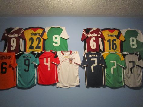 Kids Bedroom Decor Boys, Sports Jersey Display, Sports Bedroom, Sport Bedroom, Jersey Display, Baseball Room, Kid Bedroom, Sports Jerseys, Man Cave Home Bar