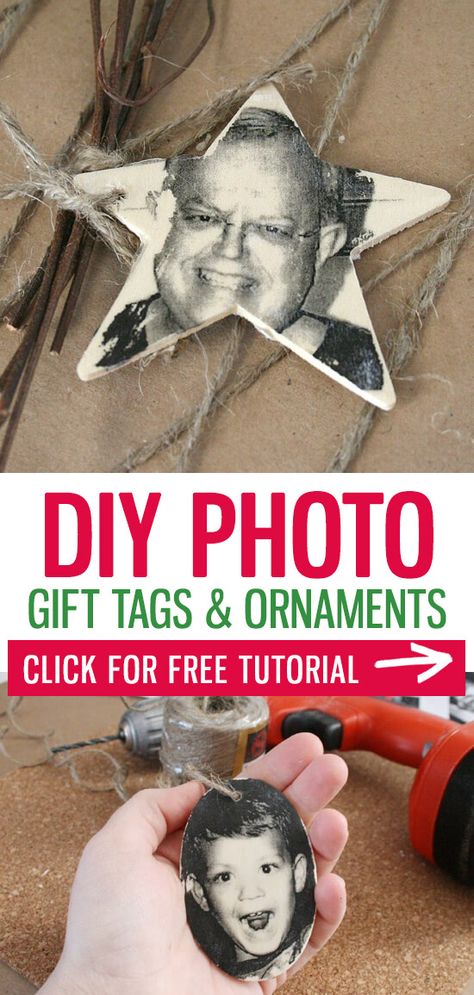 These fun and easy photo gift tags make picking out gifts under the tree super quick! And they make great ornaments for your tree next year! See how to make your own photo transfer gift tags with the full tutorial. Present Name Tags Diy, Wooden Tags Ideas Diy, Homemade Personalized Gifts, Transfer Images To Wood, Diy Name Tags, Gifts Under The Tree, Photo Gift Tags, Diy Projects For Adults, Photo Gifts Diy