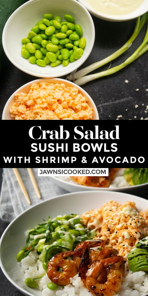 Kani Salad Poke Bowl, Shrimp And Crab Sushi Bowl, Easy Sushi Bowls At Home, Crab Salad Poke Bowl, Imitated Crab Poke Bowl, Crab Sushi Bowl Recipe, Crab Salad For Poke Bowl, Crab Bowl Ideas, Crab Salad Recipe Easy Sushi