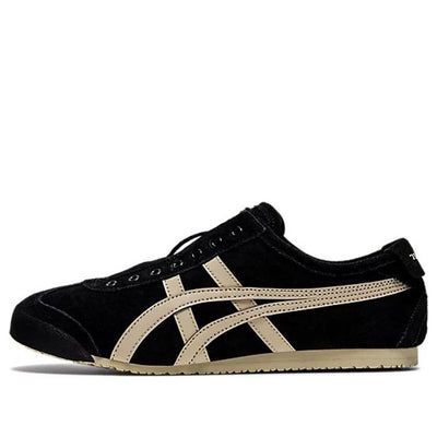 The Onitsuka Tiger Mexico 66 SlipOn 'Black Cream' is a stylish sneaker that combines classic design with modern features. The iconic brand logo is printed on the heel and tongue, giving the sneaker a unique personality. The soft inner material ensures a comfortable fit, while the improved sole design provides anti-slip protection. This sneaker is perfect for everyday activities and is sure to add a touch of style to any outfit. The inspiration behind the design is the classic Mexico 66 series, which has been a staple of the Onitsuka Tiger brand since the 1960s. (SNKR/Cozy/Light/Casual/Unisex/Low Top) Grunge Tennis Shoes, Womens Black Tennis Shoes, Low Profile Sneakers Women, Shoe Inspiration Sneakers, Cool Black Sneakers, Sneaker Inspo Women, Mexico 66 Onitsuka Outfit, Trendy Black Shoes, Black Sneakers Aesthetic