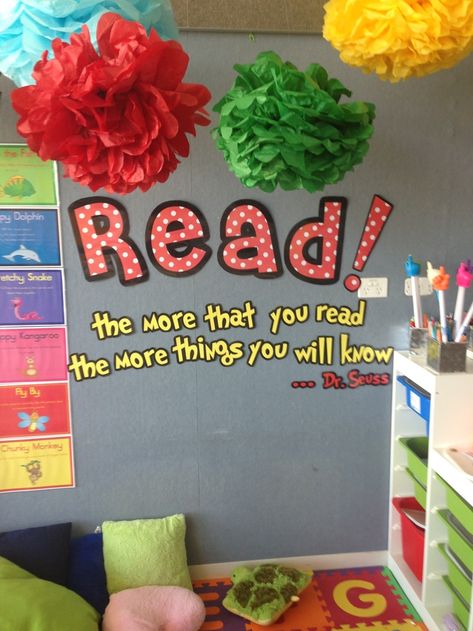 Dr Seuss Classroom Ideas | Dr Seuss themed reading corner Doctor Suess Classroom, Dr Seuss Bulletin Board, Reading Corner Classroom, Dr Seuss Classroom, Classroom Decor Middle, Seuss Classroom, Classroom Decor High School, Dr. Seuss, Corner Ideas