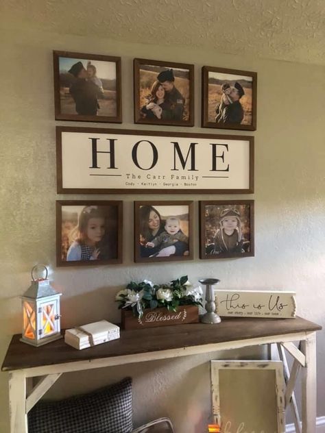 3 Picture Frames On Wall Layout Wood, Family Sign With Pictures Around It, Living Room Wall Decor Family Pictures, Family Picture Wall Decor Ideas, Picture Frame Layout Living Rooms, Gallery Wall On Small Wall, Entry Way Table Decor With Family Photos, Entryway Ideas With Pictures, Picture Wall Ideas Living Room Modern