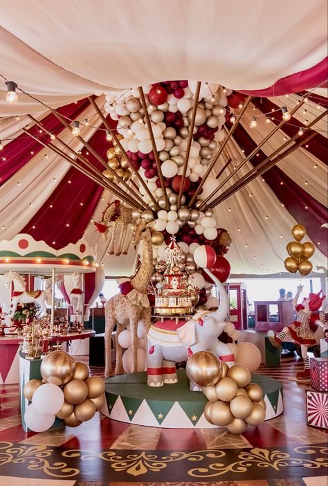 Carnival Birthday Decorations, Carousel Party Ideas, Christmas Circus Theme, Three Ring Circus Birthday Party, Christmas Circus, Carnival Birthday Theme, Christmas Carousel, Butterfly Garden Party, Carousel Party