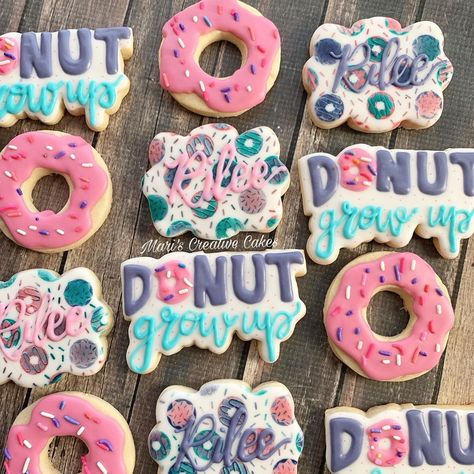 Doughnut Grow Up Cake, Donut Grow Up Themed Birthday Party, Donut Grow Up First Birthday Food Ideas, Donut Grow Up Cookies, Donut Birthday Party Cookies, Half Way To One Donut Theme, Donut Grow Up, Donut Grow Up Two Fast, Donut Grow Up First Birthday