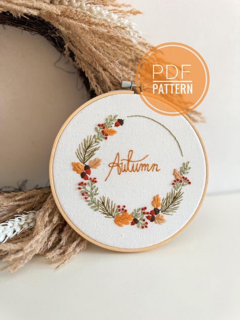 Autumn embroidery pdf pattern, fall embroidery template Create your fall mood by stitching this perfect pattern! It's ideal for seasonal decor and embroidery enthusiasts. Prepare your hoop, transfer the design to fabric, and immerse yourself in the autumn atmosphere! This listing includes a digital PDF pattern. Digital format only.  Please note that no physical item will be shipped. Autumn Wreath Embroidery, Embroidery Circle Designs, Simple Fall Embroidery, Fall Embroidery Patterns Free, Embroidery Patterns Leaves, Autumn Embroidery Patterns, Hand Embroidery Patterns Free Templates, Maple Leaf Embroidery, Embroidery Patterns Free Templates