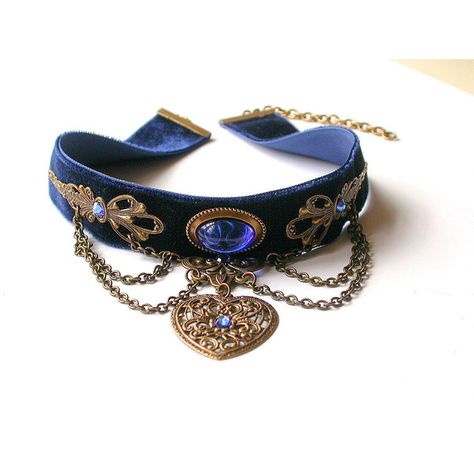 Blue Velvet Choker Pendant - Blue Choker Heart - Victorian Gothic... ($74) ❤ liked on Polyvore featuring jewelry, necklaces, blue necklace, gothic choker necklace, heart choker necklace, gothic chokers and victorian choker necklace Kalung Choker, Victorian Gothic Jewelry, Anting Manik, Blue Choker, Choker Pendant, Magical Jewelry, Velvet Choker, Fantasy Jewelry, Gothic Jewelry