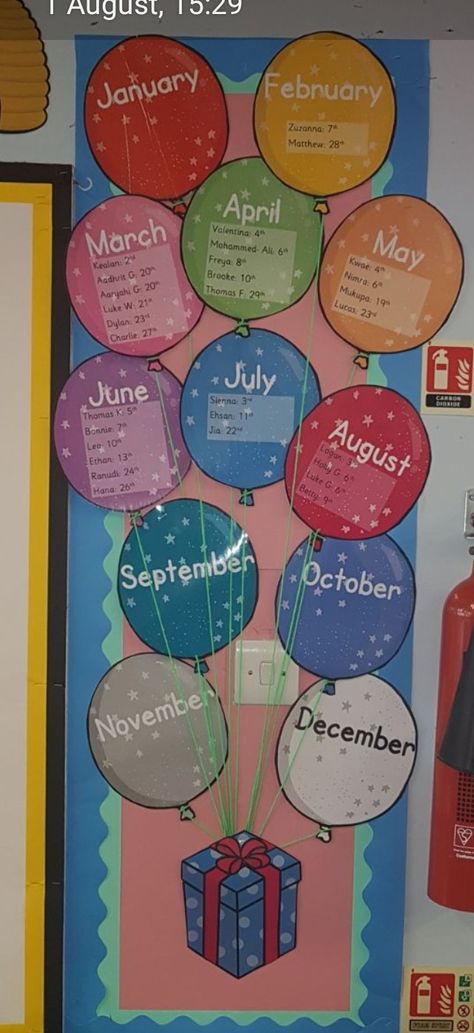 Birthday Wall In Kindergarten, Birthdays Charts Classroom, School Birthday Calendar Ideas, Classroom Birthdays Displays Diy, Display Birthdays In Classroom, Early Childhood Birthday Displays, Birthday Display Board Ideas, Birthday Calendar In Kindergarten, Birthday Board Kindergarten