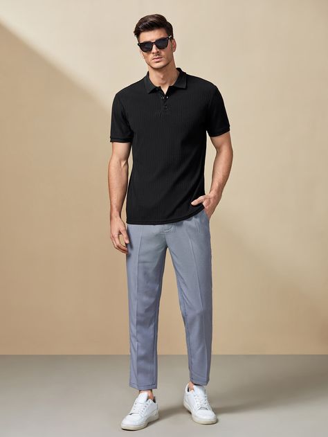 Black Casual  Short Sleeve Polyester Plain  Embellished Slight Stretch Summer Men Tops Black Polo Shirt Outfit Men, Polo Shirt Outfit Men Street Styles, Black Tee Outfit, Office Outfit Men, Outfit Boda, Polo Outfit Men, Polo Shirt Outfit Men, Business Casual Attire For Men, Mens Street Style Summer