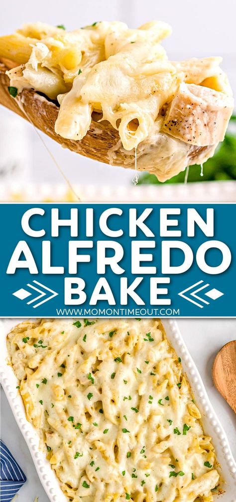 Chicken Alfredo Bake is a mouth-watering comfort food dish made with a homemade Alfredo sauce, savory chicken and pasta. This easy Chicken Alfredo Bake recipe is an easy weeknight dinner that the whole family will love! // Mom On Timeout Mom On Timeout Recipes Chicken, Alfredo Baked Pasta, Easy Chicken Alfredo Bake, Alfredo Bake Recipe, Chicken Alfredo Bake Recipe, Fetuccini Alfredo, Candies Recipes, Easy Chicken Alfredo, Alfredo Recipes