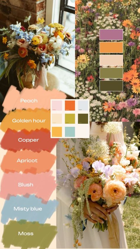 Modern Vintage Wedding Theme Color Palettes, Earthy Summer Wedding Colors, April Wedding Palette, Fall Wedding Spring Colors, Peach Palette Wedding, Aesthetic Wedding Color Palettes, Wildflower Wedding Colour Scheme, Boho Wedding Spring Colors, June Wildflower Wedding