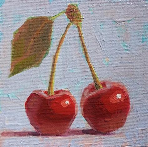 Cherry Oil Painting, Cherry Painting Aesthetic, Cherry Painting Acrylic, Simple Oil Painting Ideas, Fruit Painting Acrylic, Cherry Artwork, Painted Cherries, Cherry Painting, Mural Background