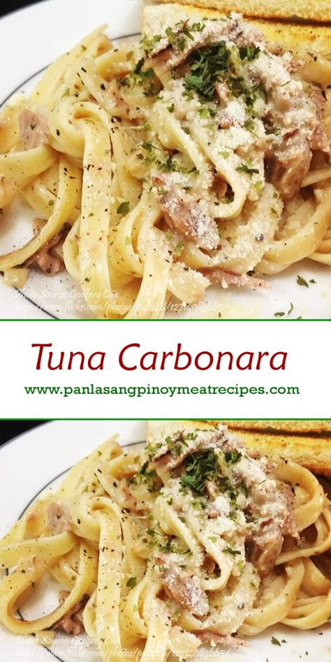 Tuna Carbonara, Easy Tuna Recipes, How To Cook Tuna, Carbonara Ingredients, Tuna Dishes, Creamy Tuna Pasta, Canned Tuna Recipes, Filipino Style, Tuna Pasta