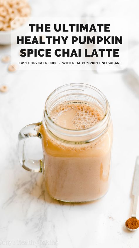 This DIY healthy pumpkin spice chai latte recipe tastes just like Starbucks — maybe even better!! It’s SO quick & easy to make. The perfect combination of cozy chai spices, comforting tea & sweet pumpkin flavor. Once you try this homemade pumpkin chai latte, you’ll never order one from Starbucks again! starbucks pumpkin spice chai tea latte. healthy pumpkin chai latte. vegan pumpkin spice chai latte. copycat starbucks pumpkin chai latte sugar free. skinny pumpkin spice chai latte. #cleaneating Drinks With Almond Milk Healthy, Pumpkin Spice Chai Tea Recipe, Pumpkin Spice Almond Milk, Homemade Pumpkin Drinks, Pumpkin Chai Smoothie, Pumpkin Spice Milk Tea, Pumpkin Chai Recipe, Pumpkin Tea Latte, Healthy Pumpkin Chai Latte