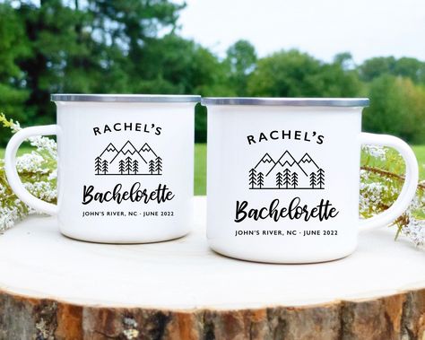 Reception Coffee Bar, Mountain Bachelorette Party, Glamping Bachelorette Party, Mountain Bachelorette, Bachelorette Favor, Camp Mugs, Bridal Packages, Bachelorette Themes, Bachelorette Favors