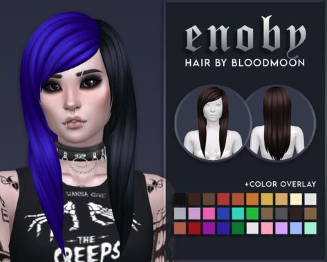 ❝Enoby❞ Hair I guess this is my 1000 follower gift? I originally wanted to put this in a pack with a few other items to officially celebrate the milestone but couldn’t bring myself to do that bc im... Sims 4 Maxis Match Graphic Tee, Metal Head Sims 4 Cc, Sims 4 Cc Goth Hair Maxis Match, Sims 4 Split Dye Hair Cc, Sims 4 Cc Split Dye Hair, Sims 4 Cc Emo Hair, Scene Queen Hair, Sims 4 Cc Goth, Ts4 Mods