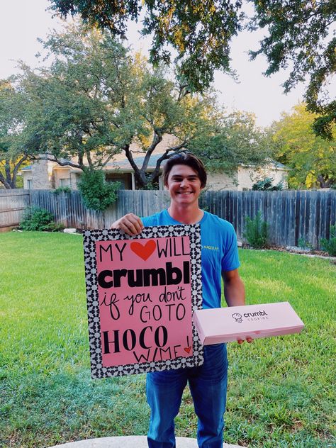 Must Be This Tall To Say No, Homecoming Football Posters Proposal, Crumble Cookie Promposal Ideas, Crumbl Cookie Prom Proposal, Corny Hoco Signs, Hcoc Proposals, The Summer I Turned Pretty Hoco Proposal, Crumbl Homecoming Proposal, Crumbl Dance Proposal