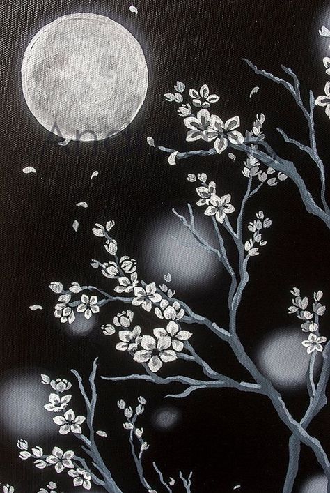 Big Canvas Painting Ideas Black And White, Cool Moon Paintings, Painting With Black Colour, Back And White Painting, Painting Idea Black Background, Japanese Moon Painting, Dark Colour Painting, Art Ideas For Black Canvas, Canvas Painting Ideas On Black Canvas