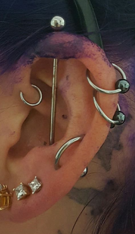 Disconnected Industrial Piercing, Cool Industrial Piercing Jewelry, Industrial Piercing Alternative, Floating Industrial Piercing, Vertical Industrial Piercing, Earring Aesthetic, Industrial Piercing Jewelry, Snug Piercing, Ear Stretching