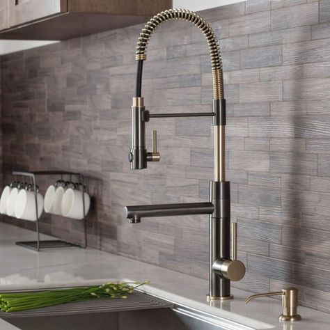 Kraus 2-Function Commercial Style Pre-Rinse Kitchen Faucet with Deck Plate, Black Stainless Steel/Brushed Gold Finish - KPF-1603SBBG-DP03SB Commercial Style Kitchen, Pot Filler Kitchen, Gold Faucet, Pot Filler Faucet, Pot Filler, Single Handle Kitchen Faucet, Faucet Handles, Kitchen Sink Faucets, Kitchen Handles