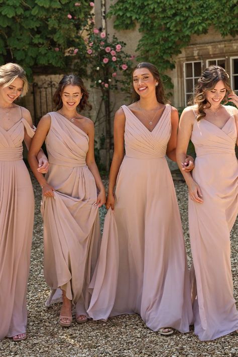 four girls wearing light pink bridesmaid dresses Pastel Gown, Blush Pink Bridesmaid Dresses, Bridesmaid Inspiration, Perfect Bridesmaid Dress, Mismatched Bridesmaid Dresses, Pink Bridesmaid Dresses, Affordable Wedding Dresses, Designer Outlet, Dresses Bridesmaid