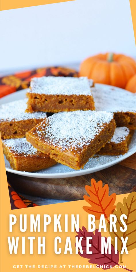 This Pumpkin Bars Easy Recipe is a very simple recipe! Simple to make and not overly sweet, with powdered sugar! Cake Mix pumpkin bar recipe for Halloween, Thanksgiving Dessert and Christmas Dessert too! Cake Mix Pumpkin Bars, Pumpkin Cookie Bars, Cake Mix Pumpkin, Easy Pumpkin Bars, Pumpkin Cake Mix, Cake Mix Bars, Cake Mix Recipe, Pumpkin Cookie, Easy Cupcake Recipes