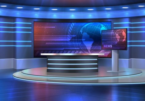 Studio interior for news broadcasting, ... | Premium Vector #Freepik #vector #background #map #blue #table Newscaster Background, Tv Broadcasting Studio Background, Gacha News Background, Reporter Background, News Reporter Background, Tv News Background, Broadcasting Studio Background, News Background Studio, Broadcasting Background