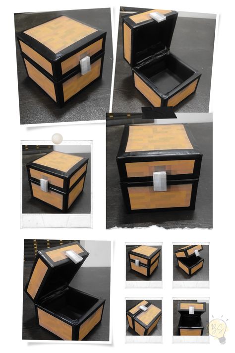 Minecraft Chest crafted by hand Diy Box Tutorial, Room Decor Ideas Diy With Paper, Gamer Crafts Diy, Diy Minecraft Blocks, Cool Things To Add To Your Room, Minecraft Chest Diy, Cute Crafts With Cardboard, Things To Make With Cardboard Boxes Easy, Cute Things To Do With Cardboard