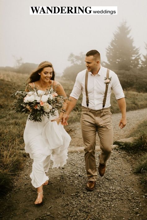 This Tennessee Mountain elopement was perfect despite the fog and unpredictable weather. Photos by Meagan Puett Photography Elopement Outfit Groom Mountain, Men Elopement Outfit Casual, Boho Wedding Attire For Men, Mountain Elopement Mens Outfit, Groom Mountain Wedding Attire, Groom Outfit Elopement, Roan Mountain Elopement, Elopement Attire Grooms, Groom Attire Forest Wedding