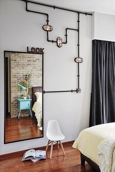 Industrial lighting Industrial Bedroom Furniture, Industrial Decor Bedroom, Industrial Bedroom Design, Urban Industrial Decor, Design Ložnic, Industrial Style Interior, Industrial Home Design, Desain Editorial, Industrial Style Lighting