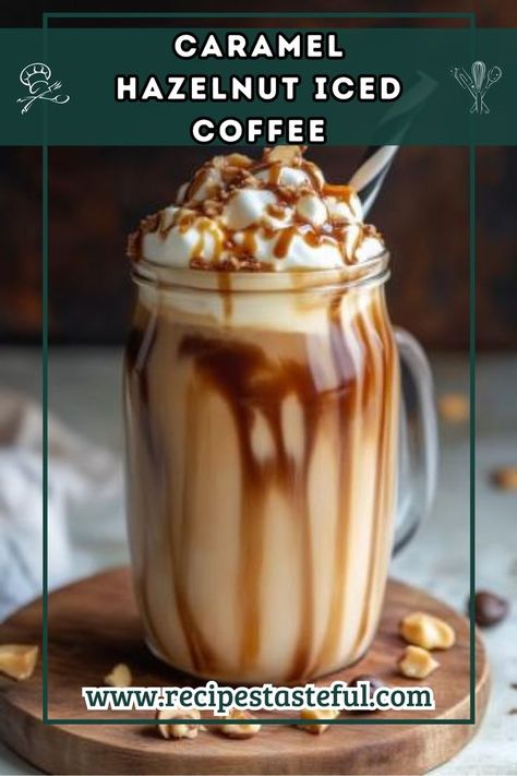 Indulge in the ultimate refreshing treat with this luxurious Caramel Hazelnut Iced Coffee. With the rich taste of bold coffee, sweet caramel, and nutty hazelnut, it's a perfect pick-me-up any time of the day! Hazelnut Iced Coffee Recipe, Hazelnut Iced Coffee, Hazelnut Coffee Recipe, Caramel Hazelnut, Iced Coffee Recipe, Hazelnut Coffee, Caramel Syrup, Ice Coffee Recipe, Coffee Recipe