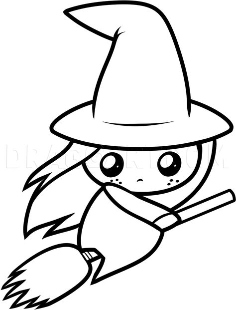 How To Draw A Cute Witch, Step by Step, Drawing Guide, by Dawn | dragoart.com Gambar Halloween, Easy Halloween Drawings, Cute Halloween Drawings, Tapeta Hello Kitty, Cartoon Witch, Witch Painting, Witch Drawing, Baba Jaga, Cute Witch