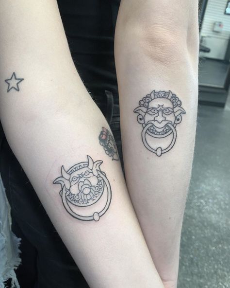 Movie Matching Tattoos, Horrible Histories Tattoo, Horror Game Tattoo, James And The Giant Peach Tattoo, Despite Everything Its Still You Tattoo, Character Couple Tattoos, Moonrise Kingdom Tattoo, Adventure Time Tree House Tattoo, Labyrinth Door Knockers Tattoo