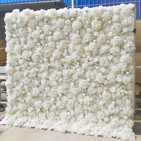 Flower Backdrop Wall, Rolled Fabric Flowers, White Flower Wall, Flower Wall Panel, Wedding Reception Hall, Backdrop Wall, Diy Sandals, Flower Wall Wedding, Simple Bridesmaid Dresses