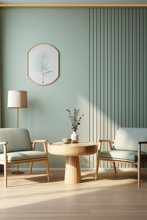 Teal Green Interior Design, Japandi Interiors Color, Pastel Colors House Interior, Light Green Office Ideas, Dining Room Wall Colors Colour Palettes, Japandi Pastel, Green Walls Dining Room, White And Neutral Living Room, Green Living Room Modern