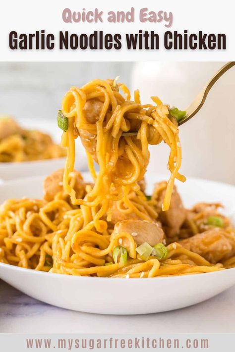 Tender, juicy chicken, savory sauce, and chewy noodles come together to create this delicious garlic chicken and noodles dish in around 30 minutes. Garlic Noodles With Chicken, Honey Garlic Chicken Noodles, Spicy Garlic Noodles, Chewy Noodles, Noodles With Chicken, Chicken And Noodles, Soy Sauce Chicken, Chicken Noodles, 2024 Recipes