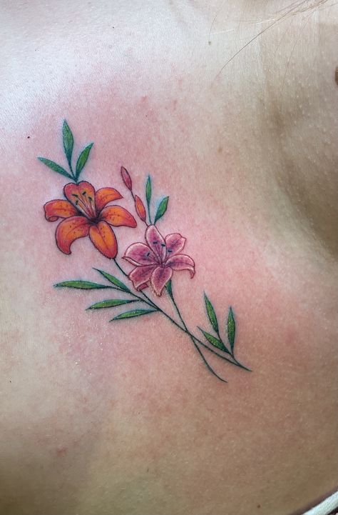 Tiger Lilly Tattoo Color, Coloured Lily Tattoo, Orange Lily Tattoo Small, Small Tiger Lily Tattoo, Lily Tattoo Design Color, Tiger Lily Tattoo Color, Fine Line Lilly Tattoo, Prairie Lily Tattoo, Colored Lily Tattoo