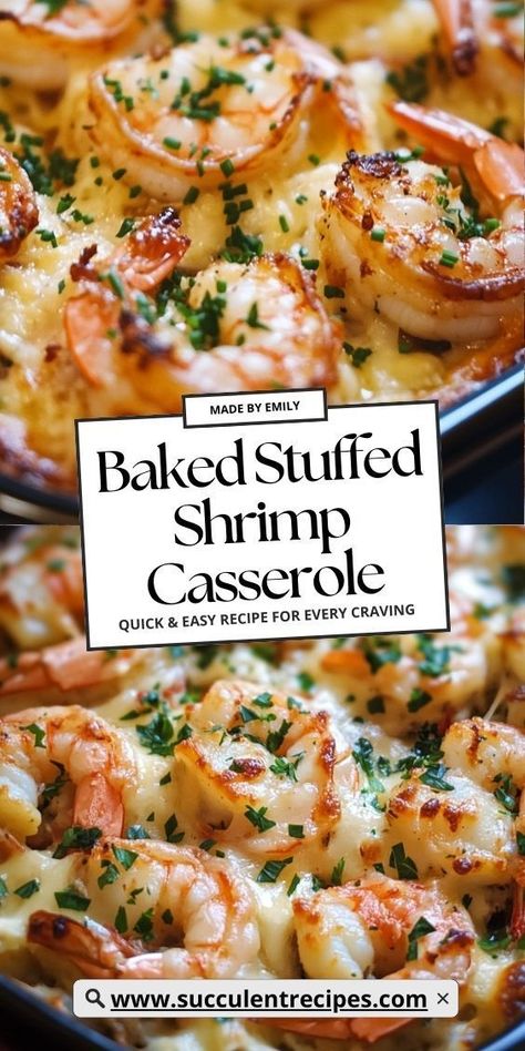 Indulge in this Baked Shrimp Casserole with Buttery Crumb Topping! This comforting dish layers tender shrimp with a rich, seasoned breadcrumb topping for a meal that’s both elegant and easy to prepare. Crispy Baked Shrimp Scampi, Shrimp Already Cooked Recipes, Easy Dinner Ideas With Shrimp, Shrimp Dinner Meals, Crab Stuffed Shrimp Baked, Shrimp Entrees Dinners, Shrimp Dinner Recipes Main Dishes, Shrimp Comfort Food, Cocktail Shrimp Recipes Dinners